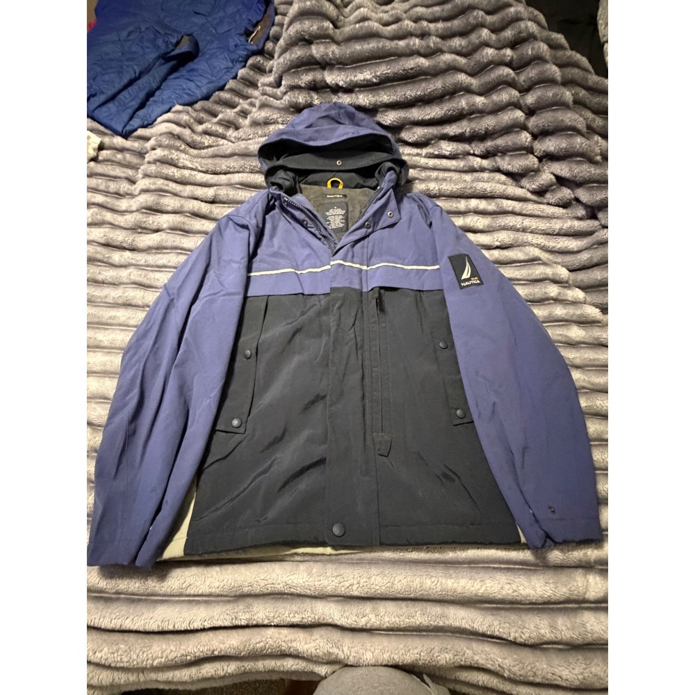 Nautica Mens Hooded Windbreaker Jacket Blue Green Fleece Lined Size M RN 67835
